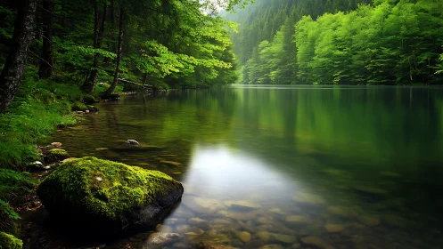 Quiet forest lake invites gentle reflection in soft green light