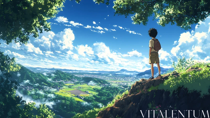 Boy overlooking sunlit valley from forest cliff edge.