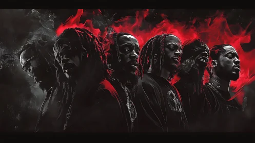 Multiple male portraits in red and black smoke composition.