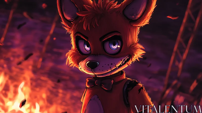 Anthropomorphic fox animatronic glows against infernal blaze