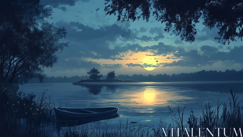 Moonrise canoe hush over twilight-silver lake water.