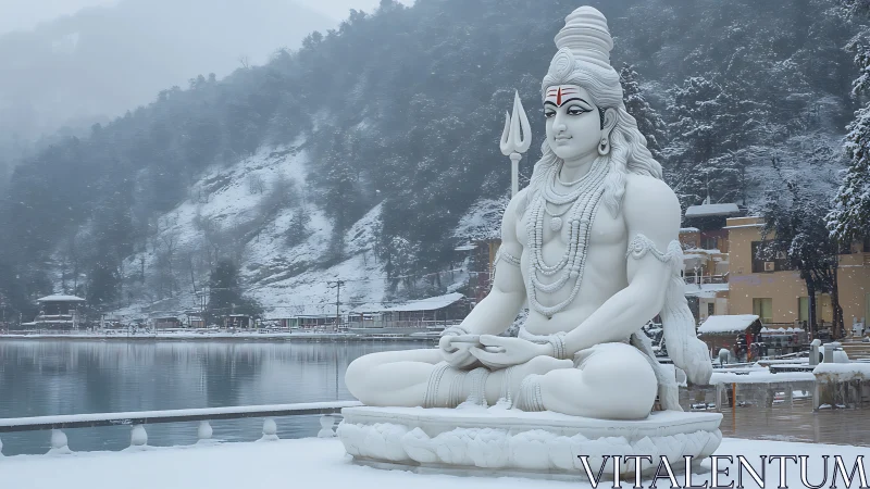 Large white Shiva statue beside snowy lakeside settlement.