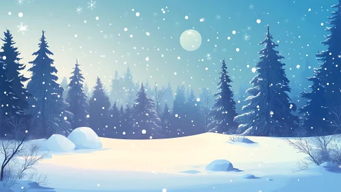 Snow covered pine forest under falling winter snowfall.