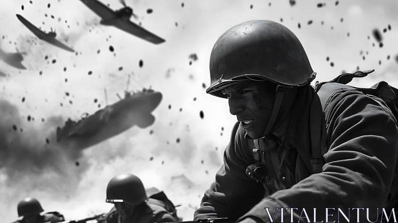 Combat soldier under aerial bombardment in monochrome chaos.