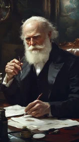 Bearded scholar pens midnight letters in lamplit solitude.