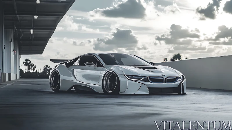 Low-slung silver sports coupe with widebody aero kit on tarmac.
