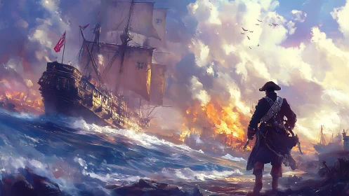 Stormlit pirate captain watching a burning harbor dream.