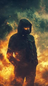Hooded inferno figure in gas mask within glowing firestorm.