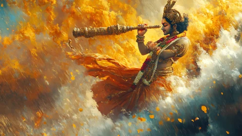 Celestial musician swirling through clouds of golden light.