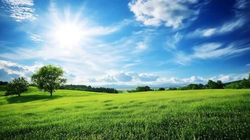 Sunlit grassy field stretches under wide blue sky