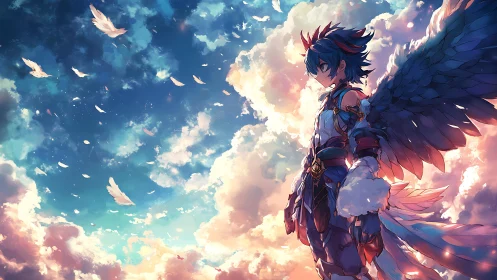 Skyborne guardian poised in blazing clouds of falling feathers.