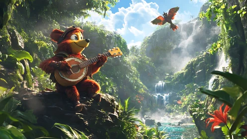 Guitar-playing bear overlooks lush jungle waterfall vista.