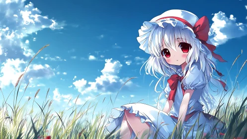 Anime girl with white hair sitting in bright summer field.