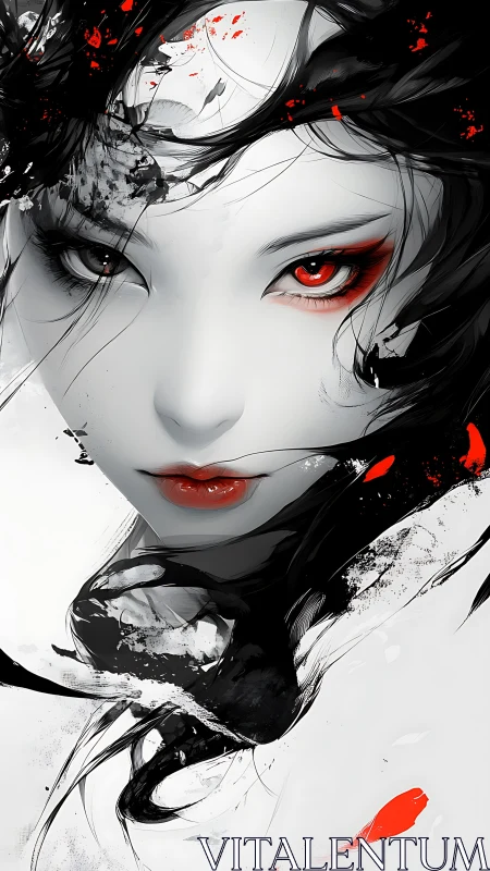 Mystical red‑eyed muse wrapped in bold ink and whispers.