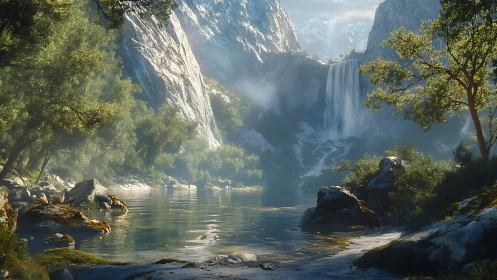 Mountain lake landscape with central waterfall and trees.