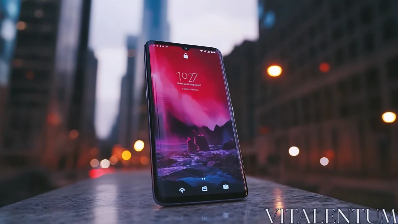 Modern smartphone on city street at dusk with bokeh lights.
