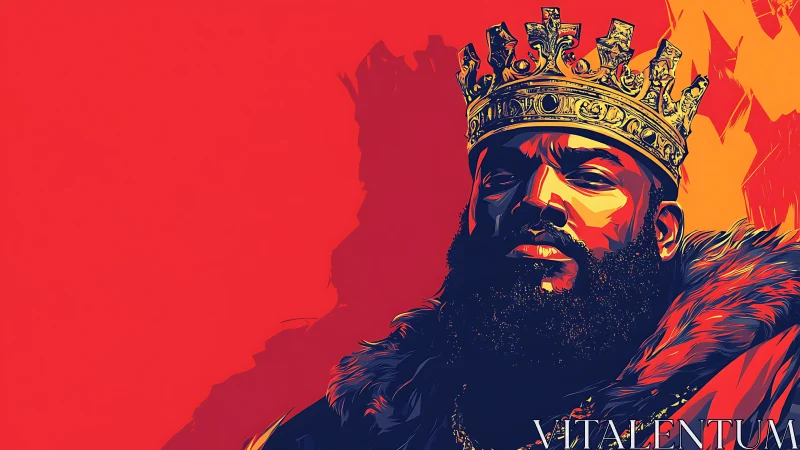 Regal bearded king in bold red-orange graphic portrait