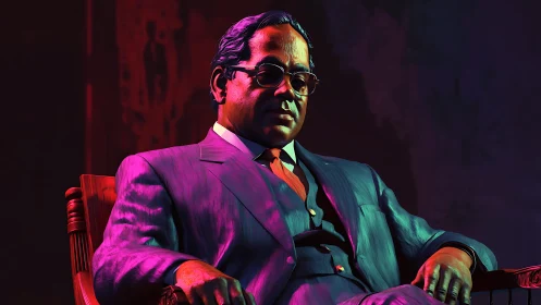 Dramatic low-key portrait of seated man in tri-tone rim lighting