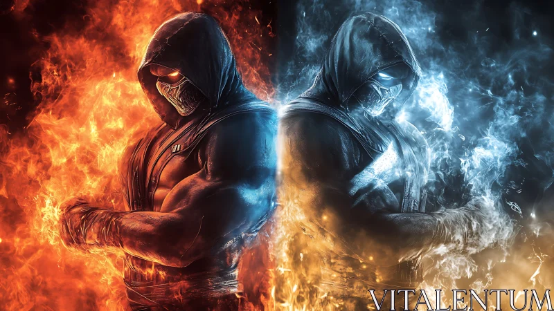 Hooded elemental warrior split by blazing fire and frost.