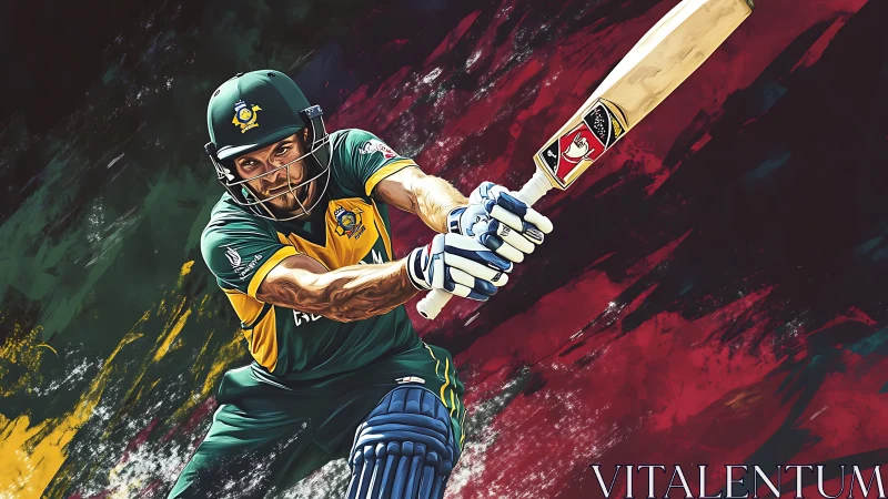 Cricket batsman drives ball in dynamic digital stroke art.