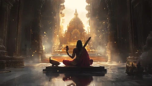 Golden-lit temple hall frames meditating figure in stillness.