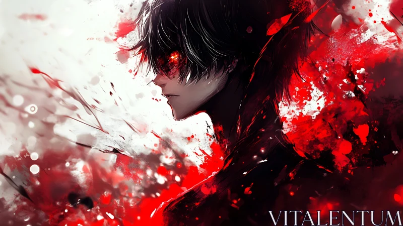 Side profile anime figure with dark hair and red energy field.