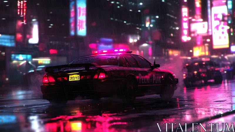 Police car in neon lit rainy city street at night scene.