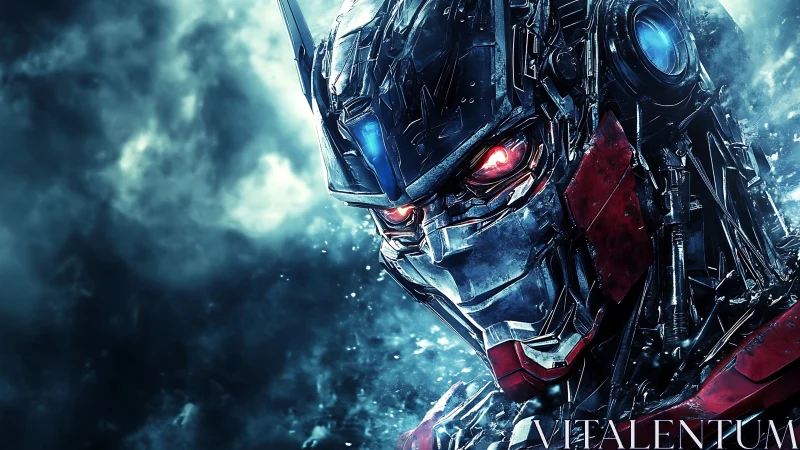 Stormborn mech warlord with ember eyes in frozen void.