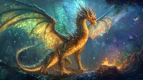 Starlit ember dragon crowned in shimmering forest fire.