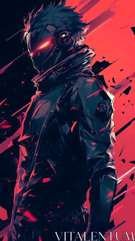 Cybernetic warrior stands in red and black neon shards