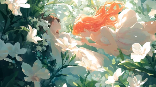Two girls lying among lilies in soft green garden light.