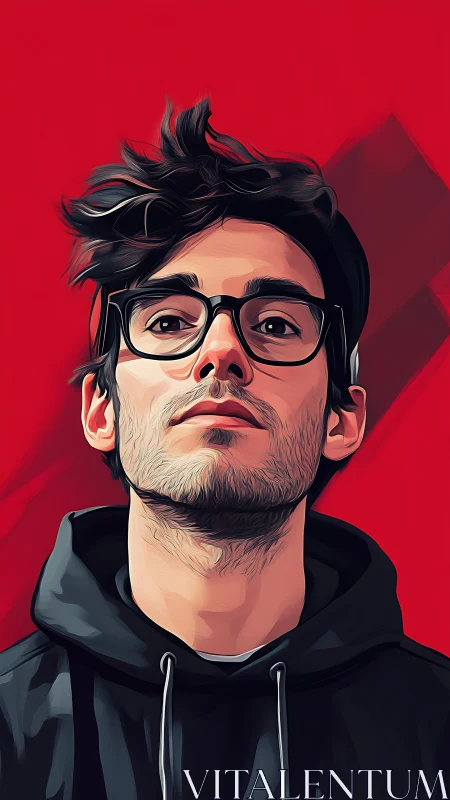 Stylized portrait of man in hoodie on bold red backdrop.