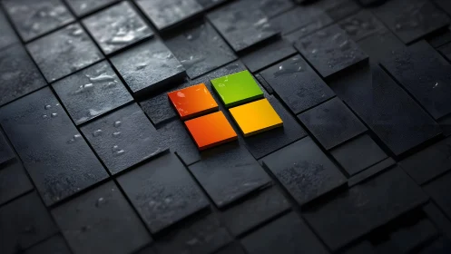 Modern Microsoft logo on wet 3D black tiles, digital style.
