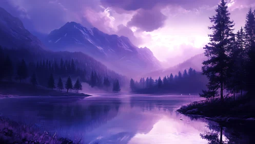 Digital painting of violet alpine lake with misted pines.