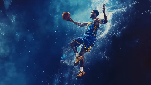 Stellar court leap as a cosmic baller tears through nebulae.
