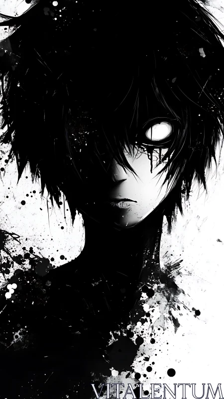 Monochrome anime silhouette emerges through splattered ink.