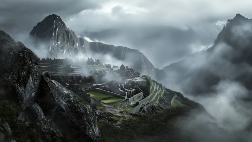 Misty mountain citadel rests quietly above deep shadowed valleys