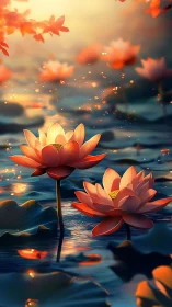 Lotus blossoms glow in golden evening light on tranquil water.