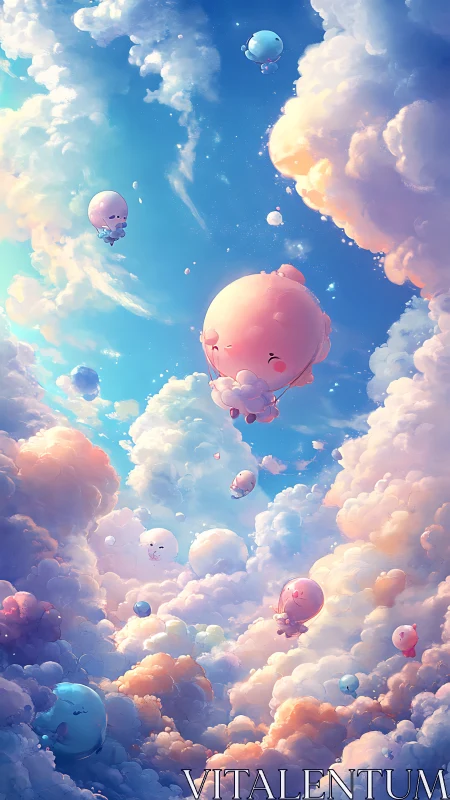 Soft pastel cloudscape with floating spherical characters.