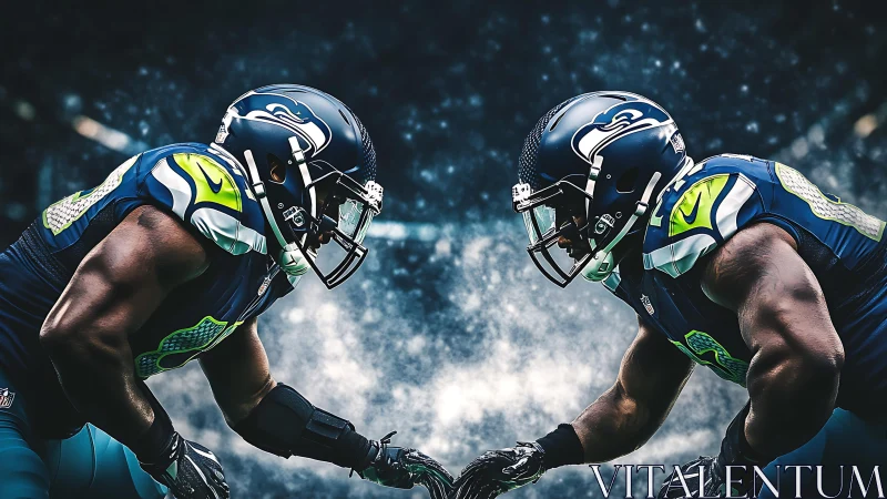 Symmetric gridiron confrontation of mirrored Seattle defenders.