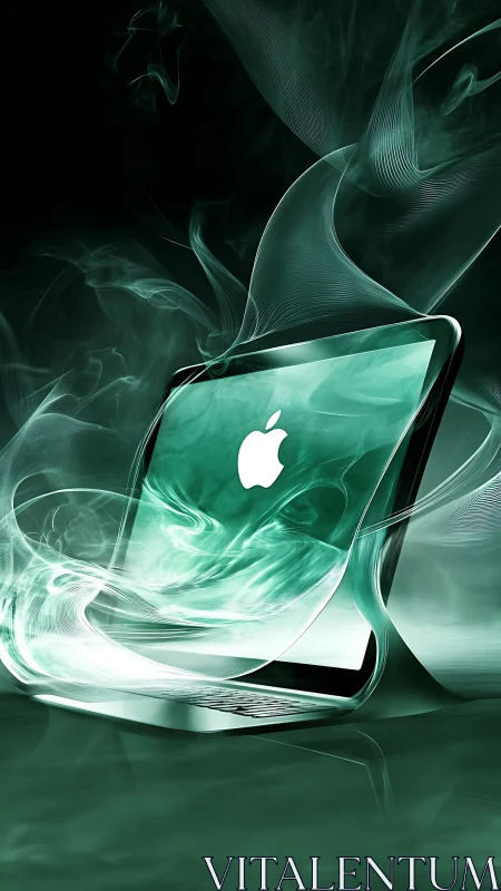 Glowing teal laptop emerges through swirling digital smoke