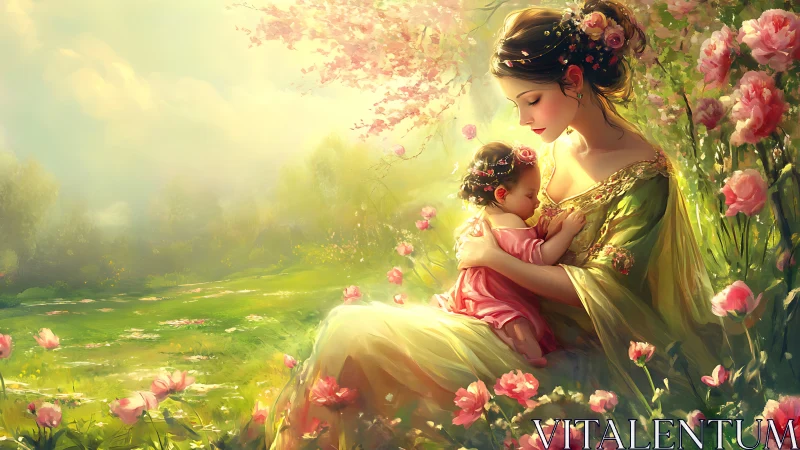 Mother and Child in Blossoming Garden - Ethereal Light.