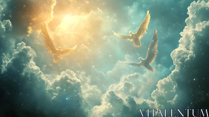 Sunlit seraphim gliding through starlit cathedral clouds.