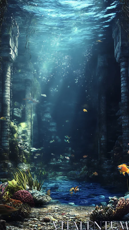 Sunlit underwater ruins cradle a gentle, colorful reef