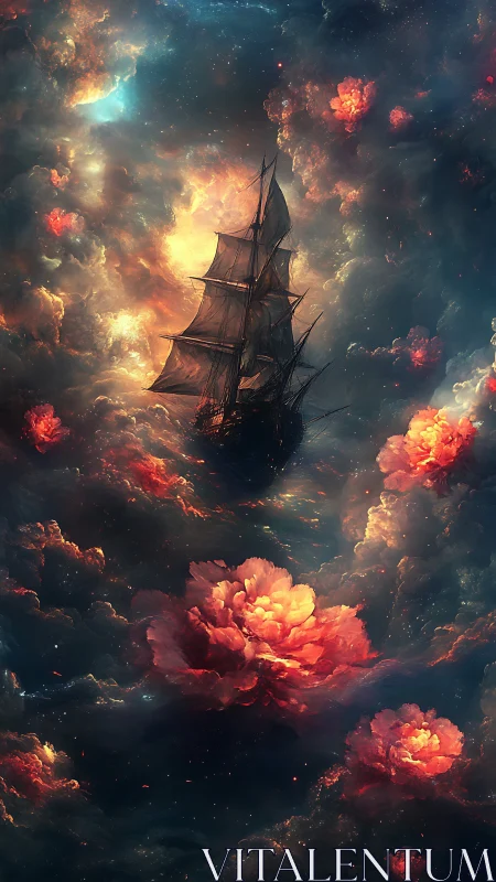 Sailing ship drifts through cosmic storm of blooming nebulae.