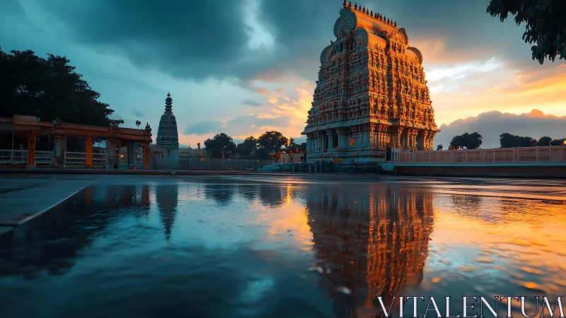 Golden temple tower mirrored in storm-cleared sunset puddles.