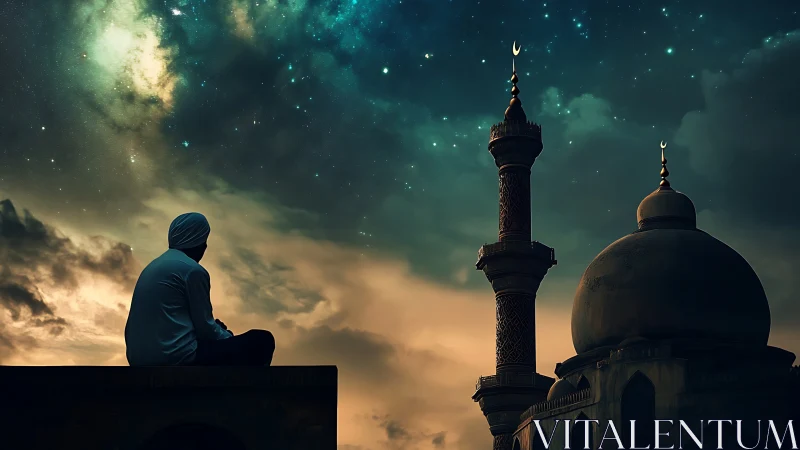 Solitary figure beside mosque under vivid starry sky.