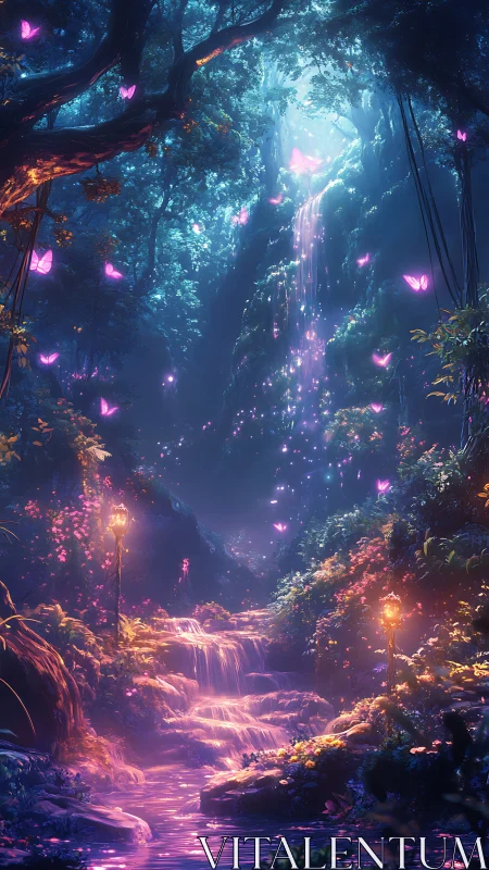 Enchanted waterfall stairway under luminous butterfly sky.