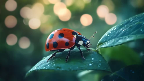 Scarlet ladybug on dewy leaf in dreamy bokeh garden.
