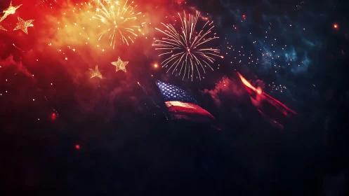 Fireworks over flag-filled night sky of bold celebration.